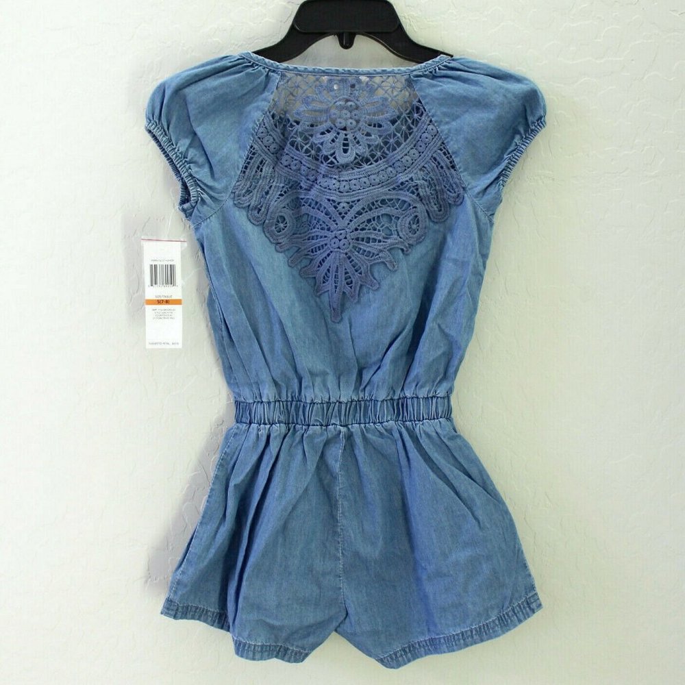 GUESS kids Embroidered Lace Back Cotton Chambray Short Romper